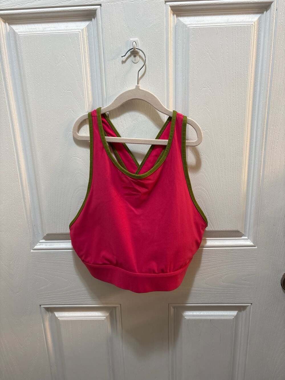 Fabletics High Neck Criss-Cross Sports Bra Pink with Green Trim